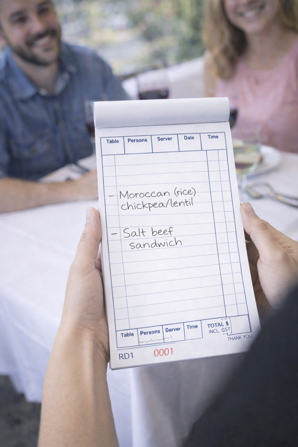 Person holding a restaurant order pad with a menu item list at a table.