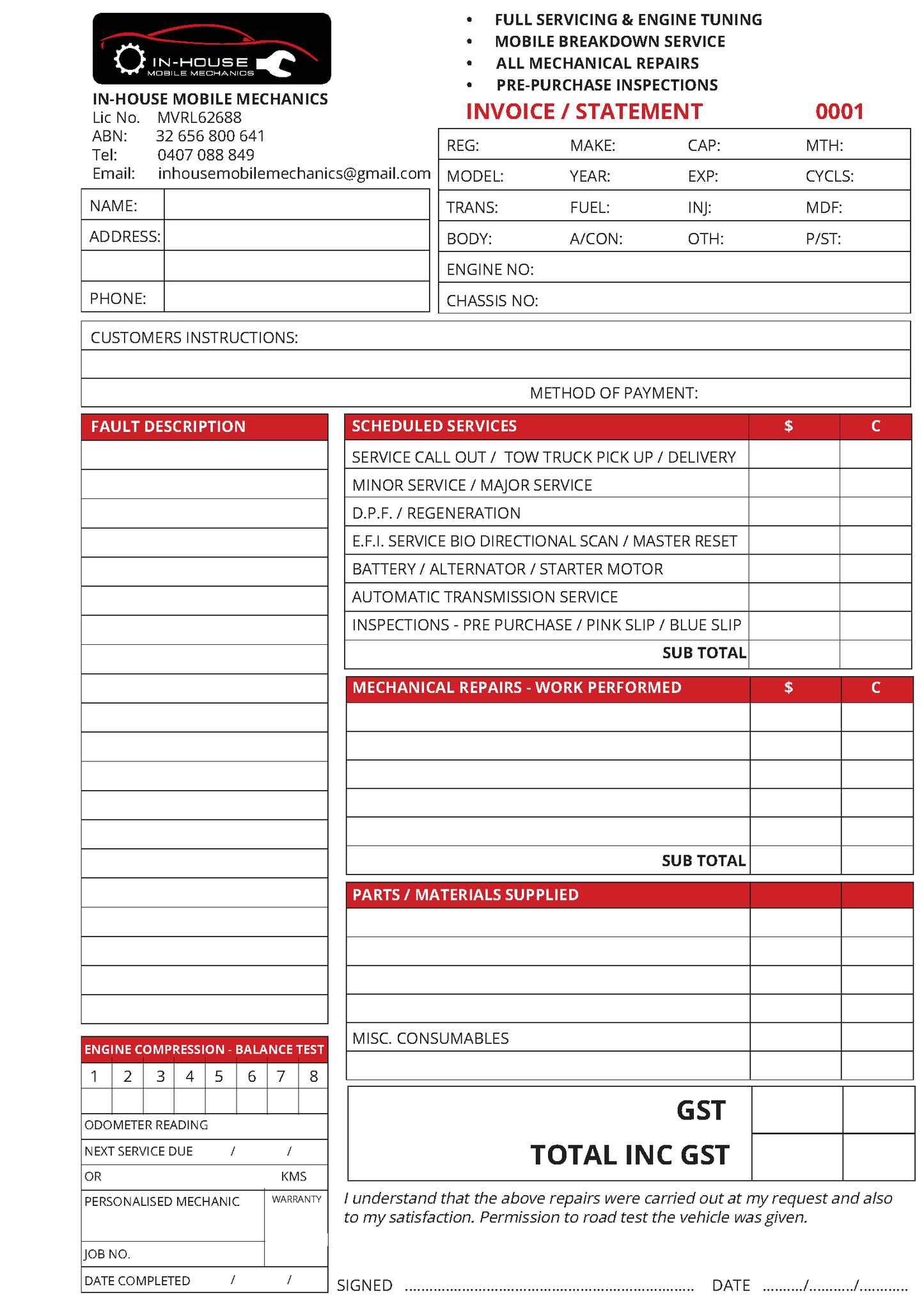 Automotive repair carbonless NCR invoice form with various sections for details and calculations.