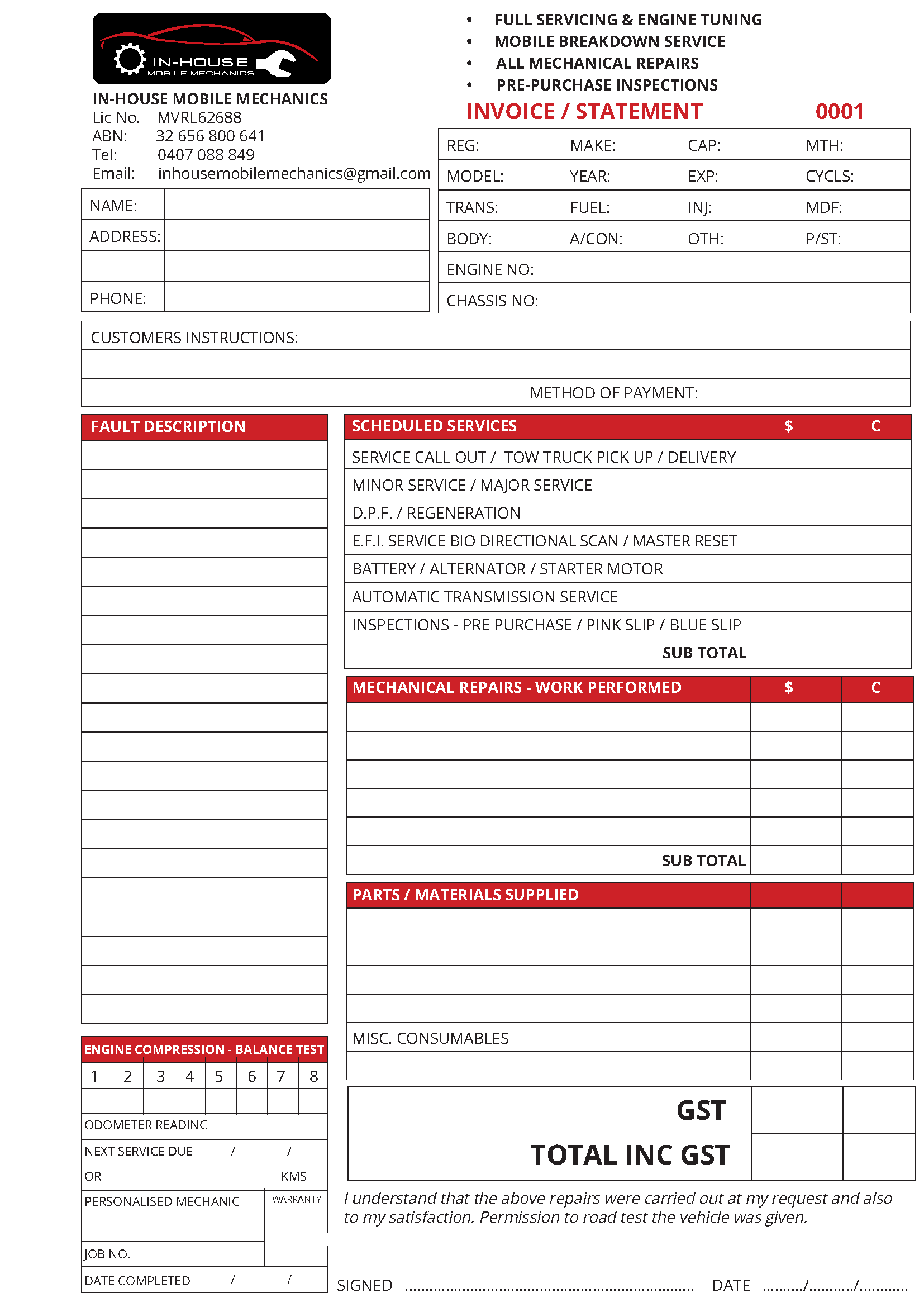 Automotive repair carbonless NCR invoice form with various sections for details and calculations.