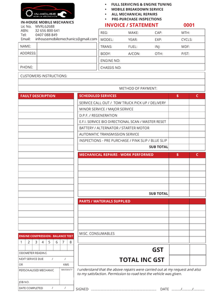 Automotive repair carbonless NCR invoice form with various sections for details and calculations.