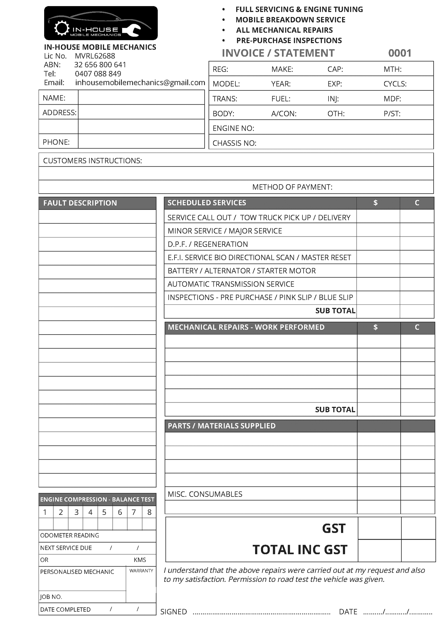 Automotive service invoice NCR form with various fields for details and calculations.
