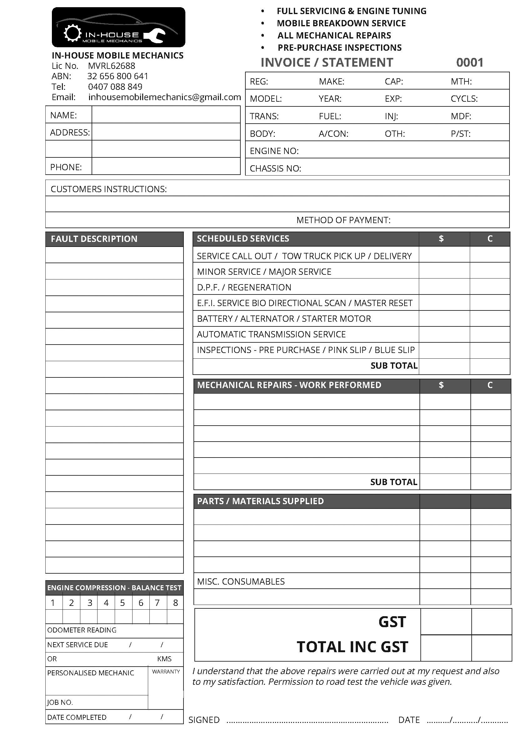 Automotive service invoice NCR form with various fields for details and calculations.