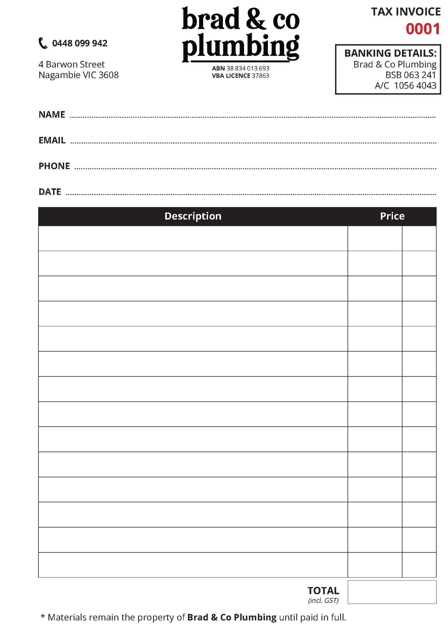 Blank carbonless book NCR invoice template for Brad & Co Plumbing with contact information and payment terms.