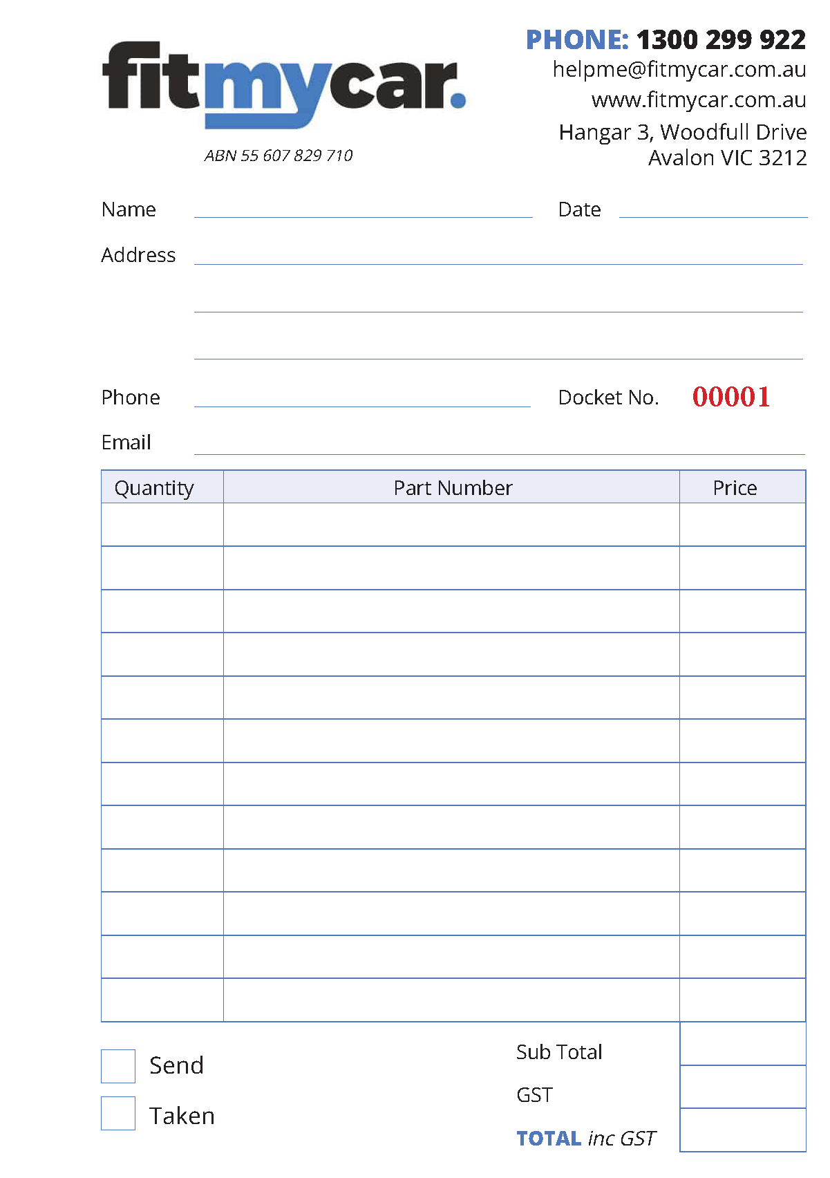 Carbonless NCR  form for car parts with 'fitmycar' branding and contact information.