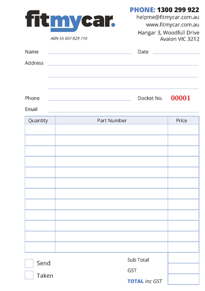 Carbonless NCR  form for car parts with 'fitmycar' branding and contact information.