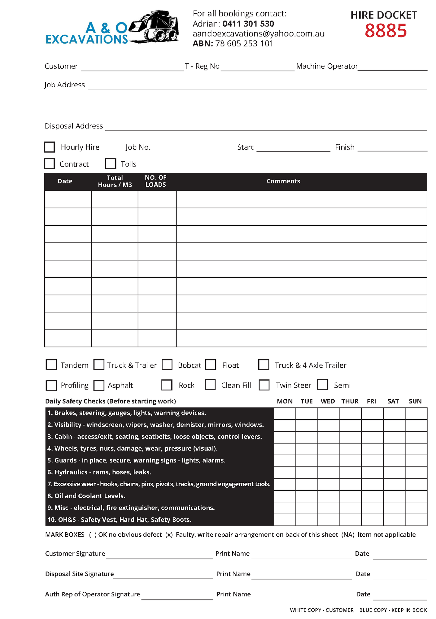 Carbonless NCR hire docket form for A & O Excavations with contact information and job details.