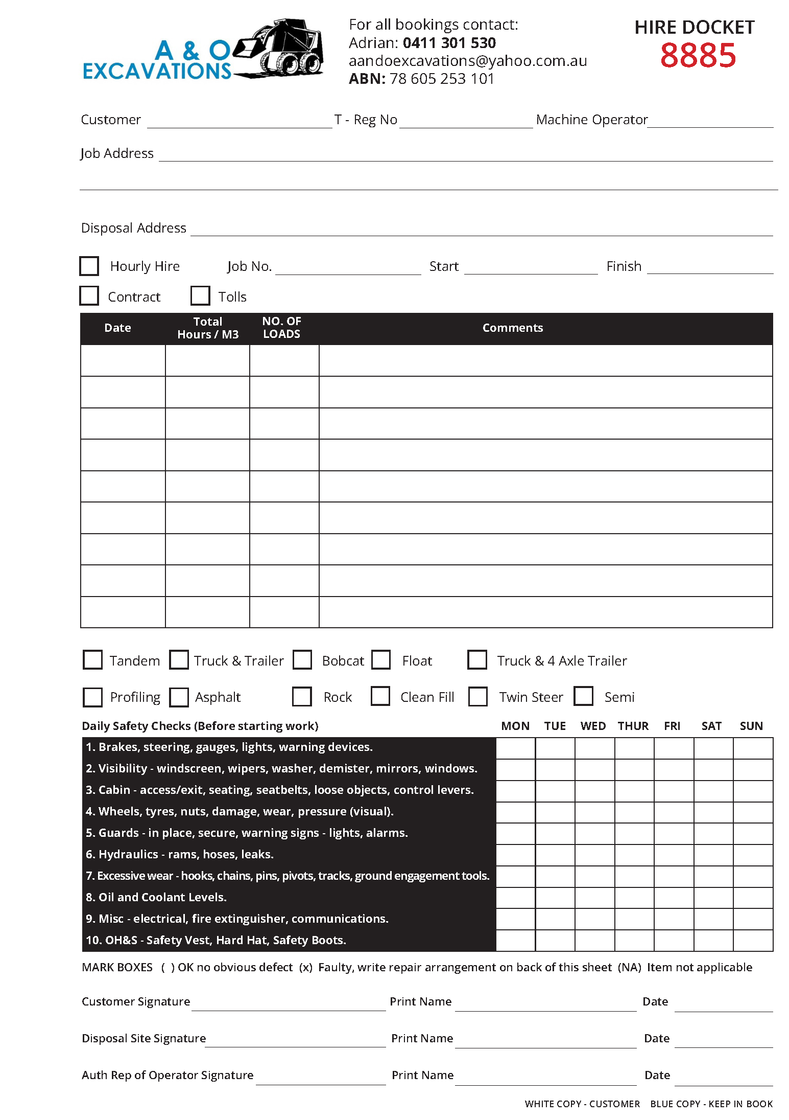 Carbonless NCR hire docket form for A & O Excavations with contact information and job details.