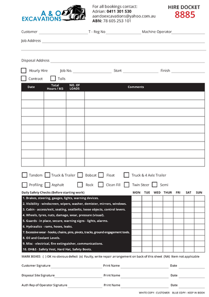Carbonless NCR hire docket form for A & O Excavations with contact information and job details.