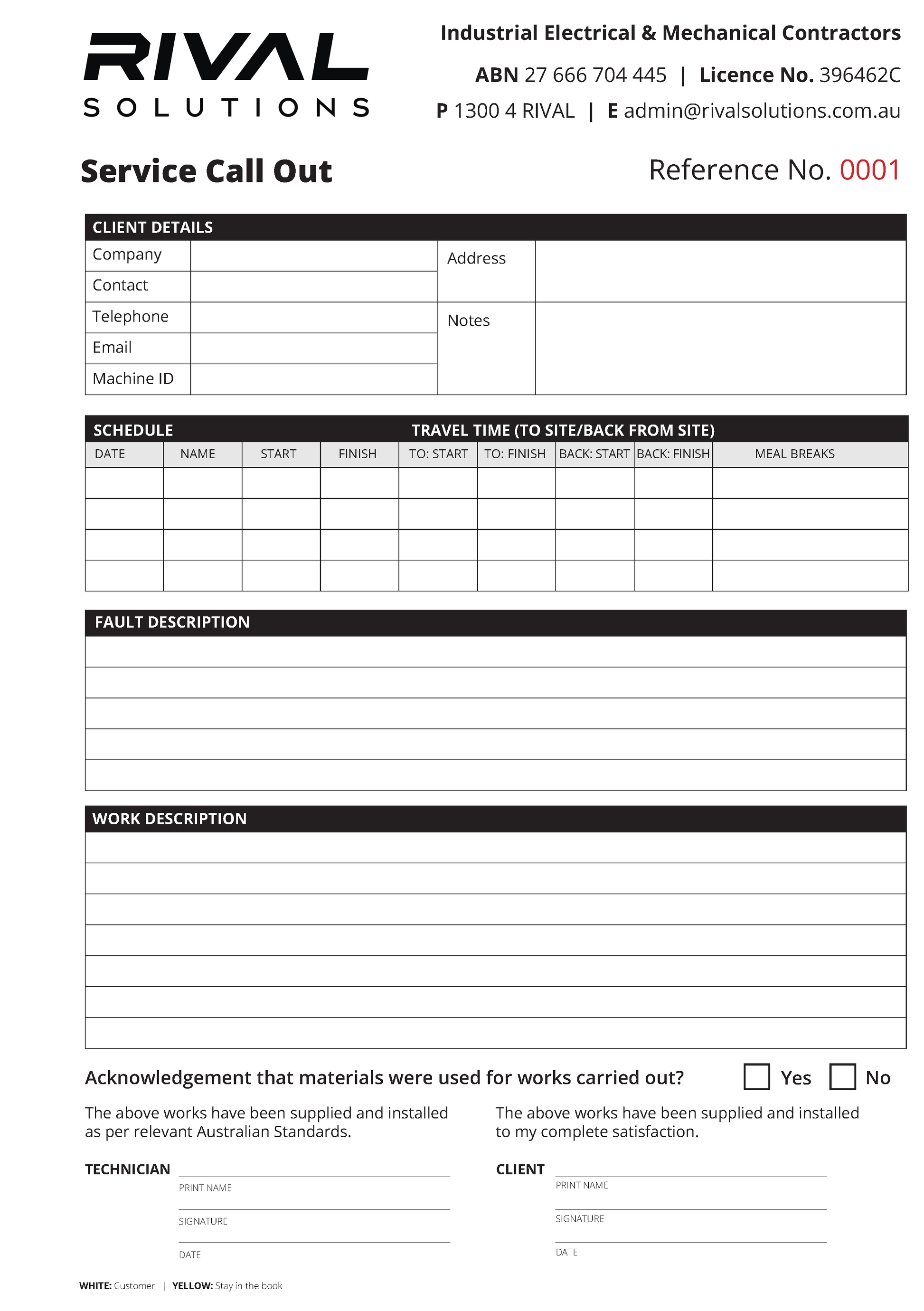 Carbonless NCR service call out form for Rival Solutions with contact information and form fields.