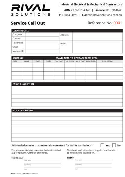 Carbonless NCR service call out form for Rival Solutions with contact information and form fields.