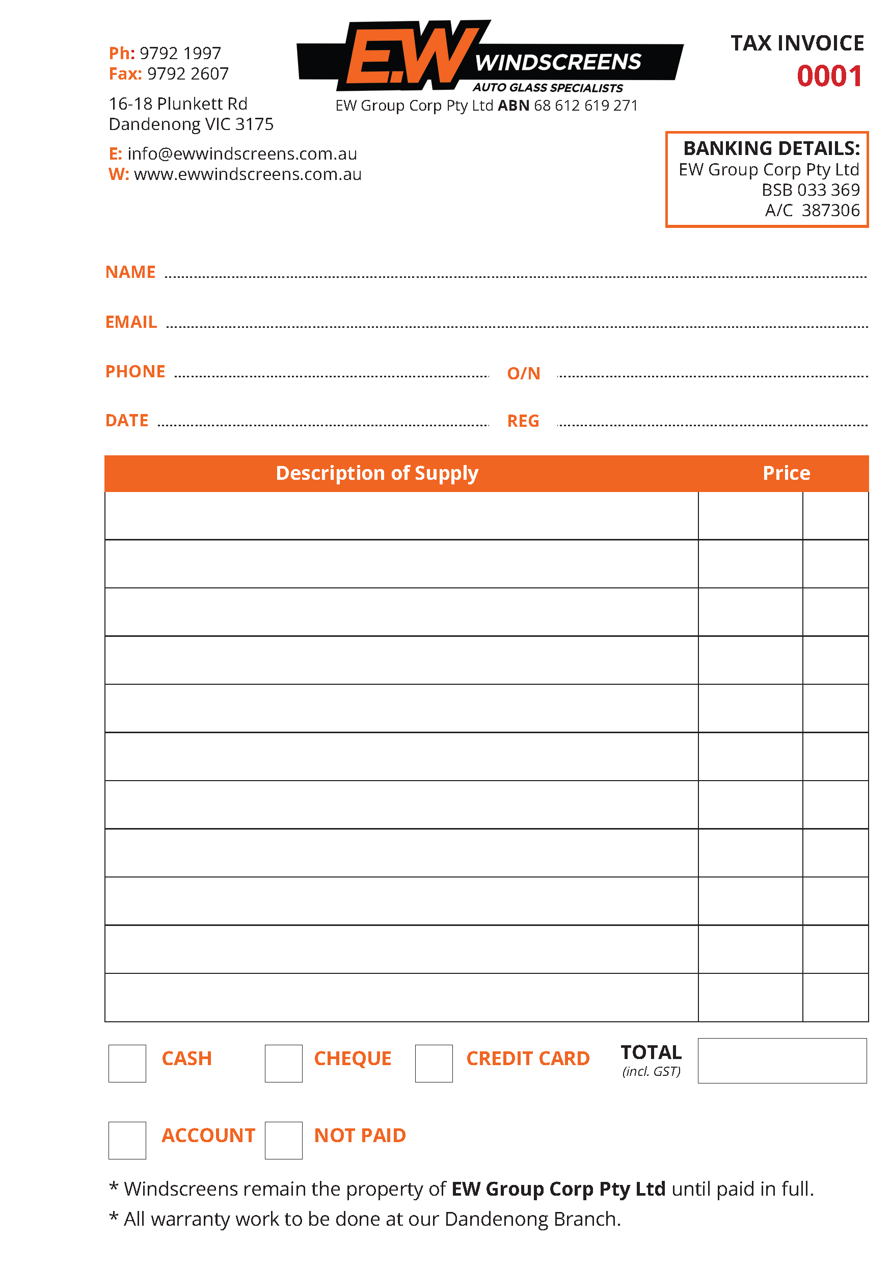 Carbonless tax invoice form for EW Windscreens with contact details and payment options.
