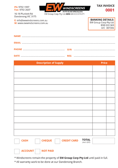 Carbonless tax invoice form for EW Windscreens with contact details and payment options.