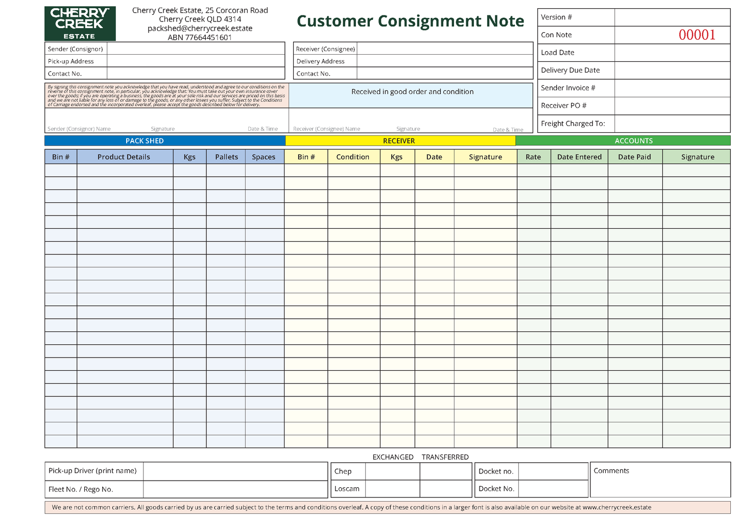 Customer Consignment Note NCR form with visible text and fields