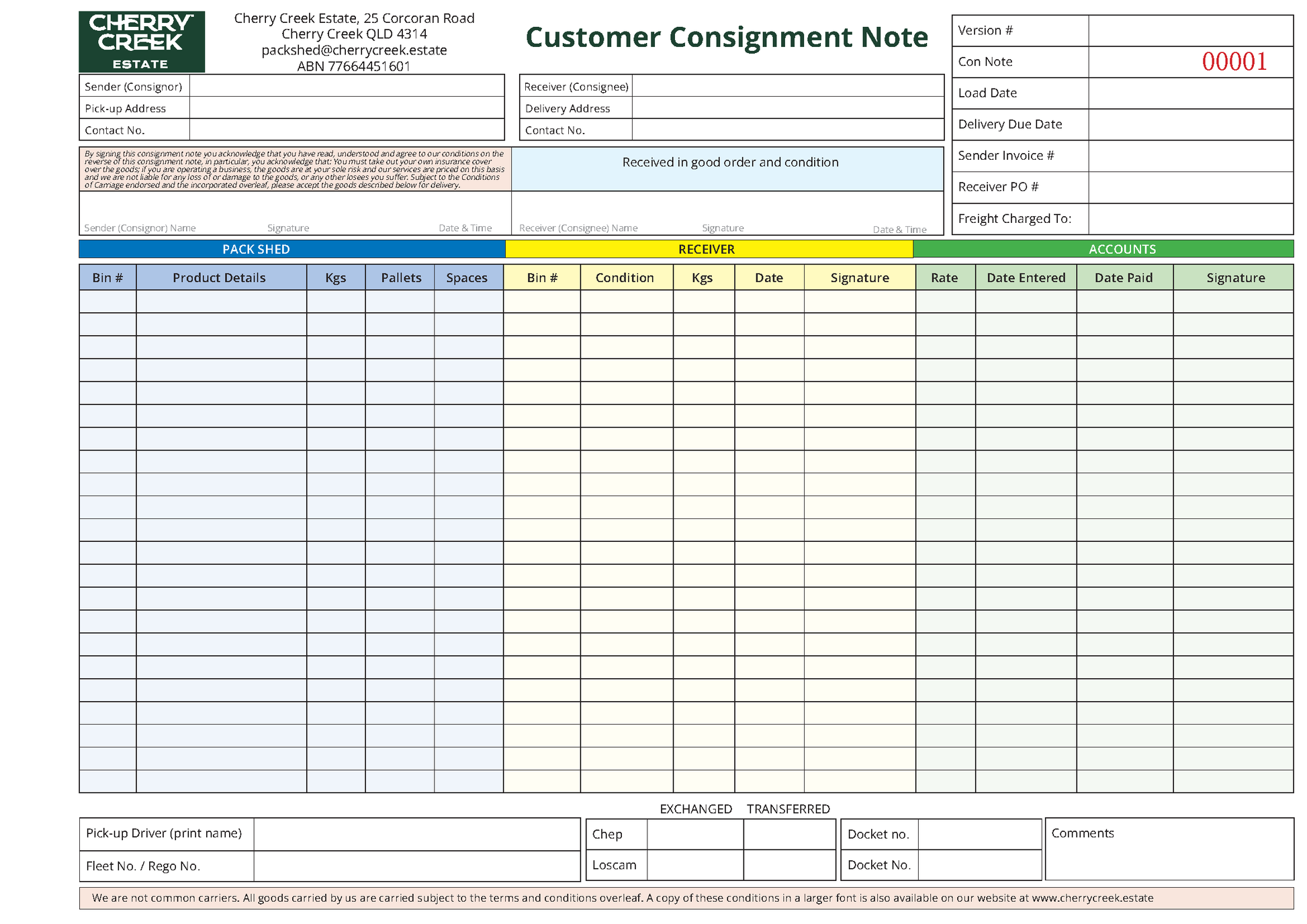 Customer Consignment Note NCR form with visible text and fields