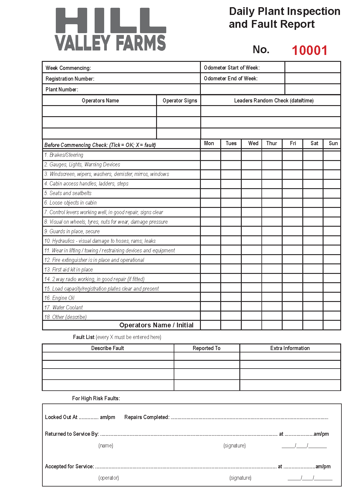 Daily plant inspection and fault report  carbonless NCR form for Hill Valley Farms