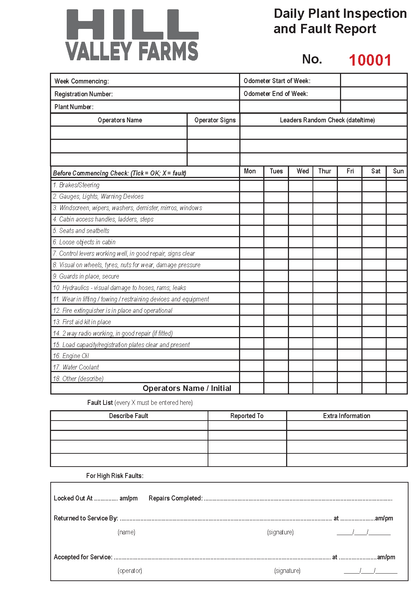 Daily plant inspection and fault report  carbonless NCR form for Hill Valley Farms