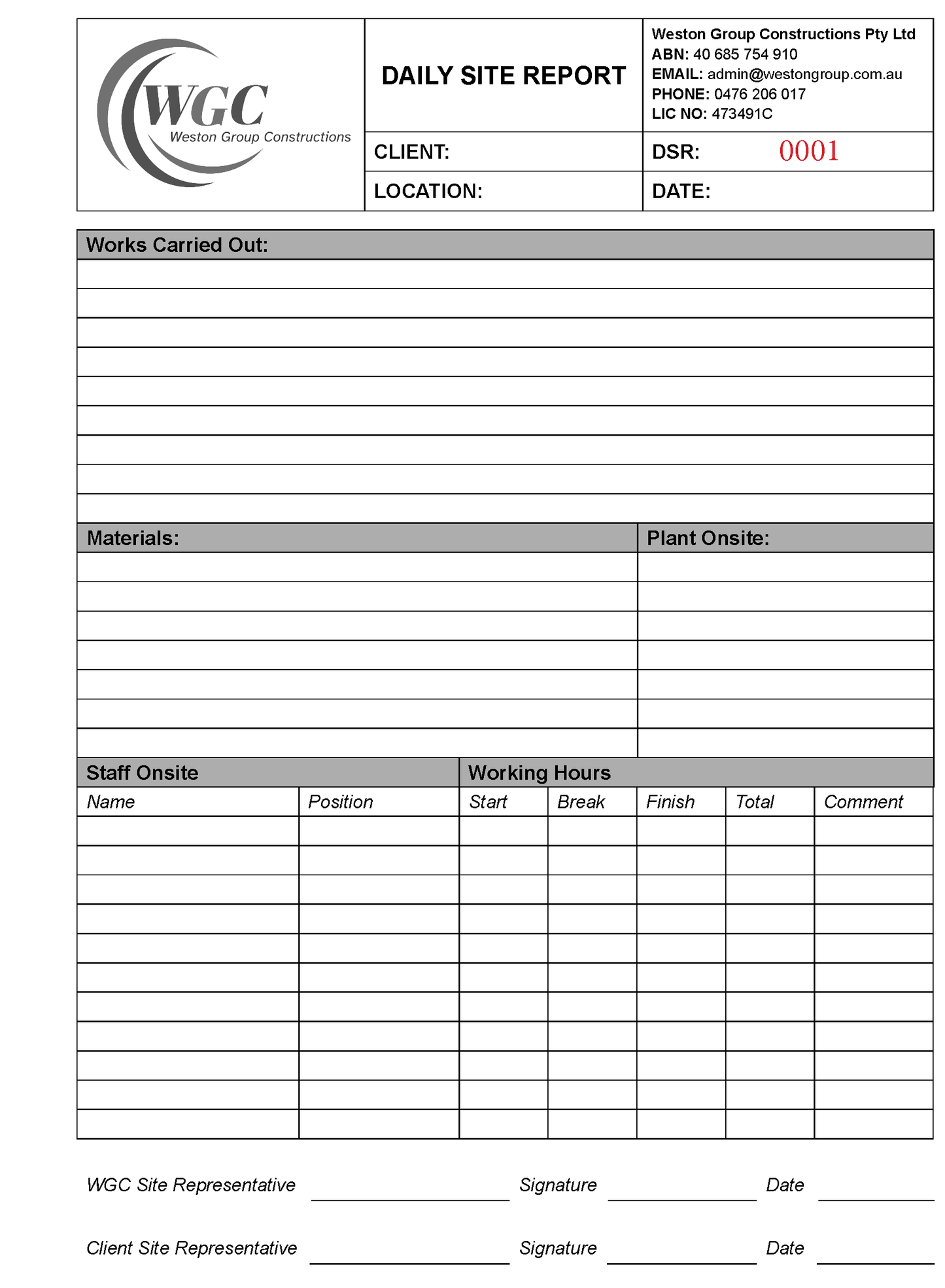 Daily site report NCR form with WGC branding and fields for reporting construction activities.