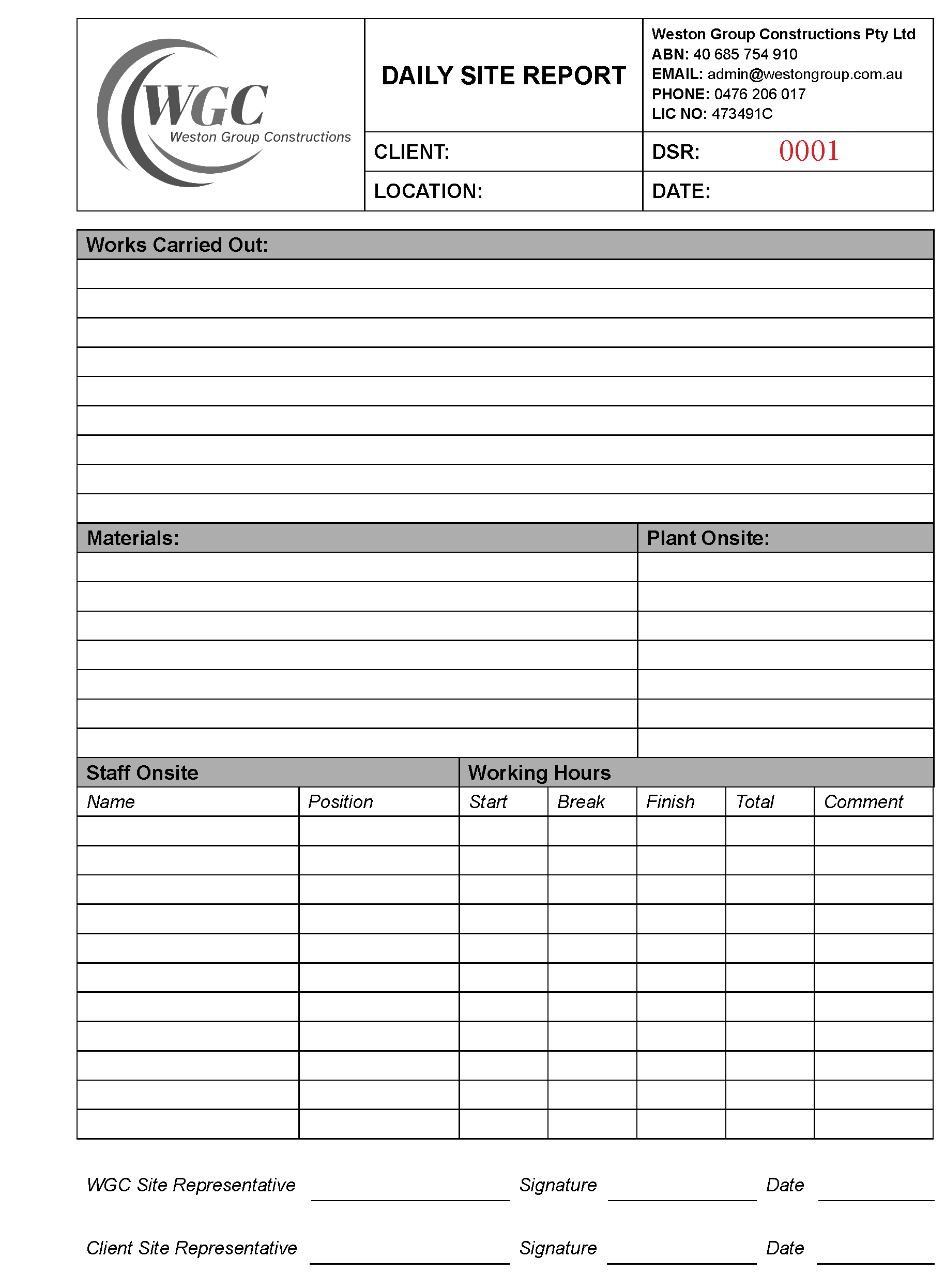 Daily site report NCR form with WGC branding and fields for reporting construction activities.