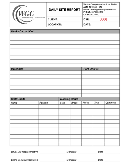 Daily site report NCR form with WGC branding and fields for reporting construction activities.