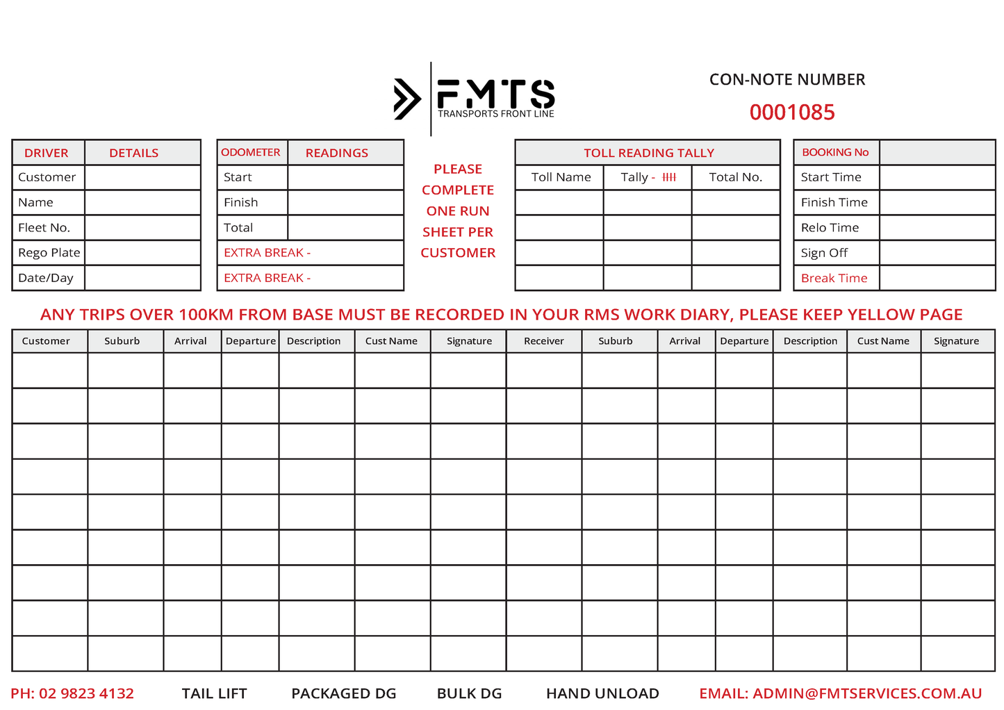 FMTS toll reading NCR tally sheet with columns for driver details, odometer readings, and toll name tally.