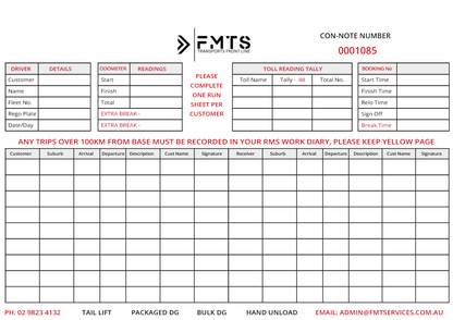 FMTS toll reading NCR tally sheet with columns for driver details, odometer readings, and toll name tally.