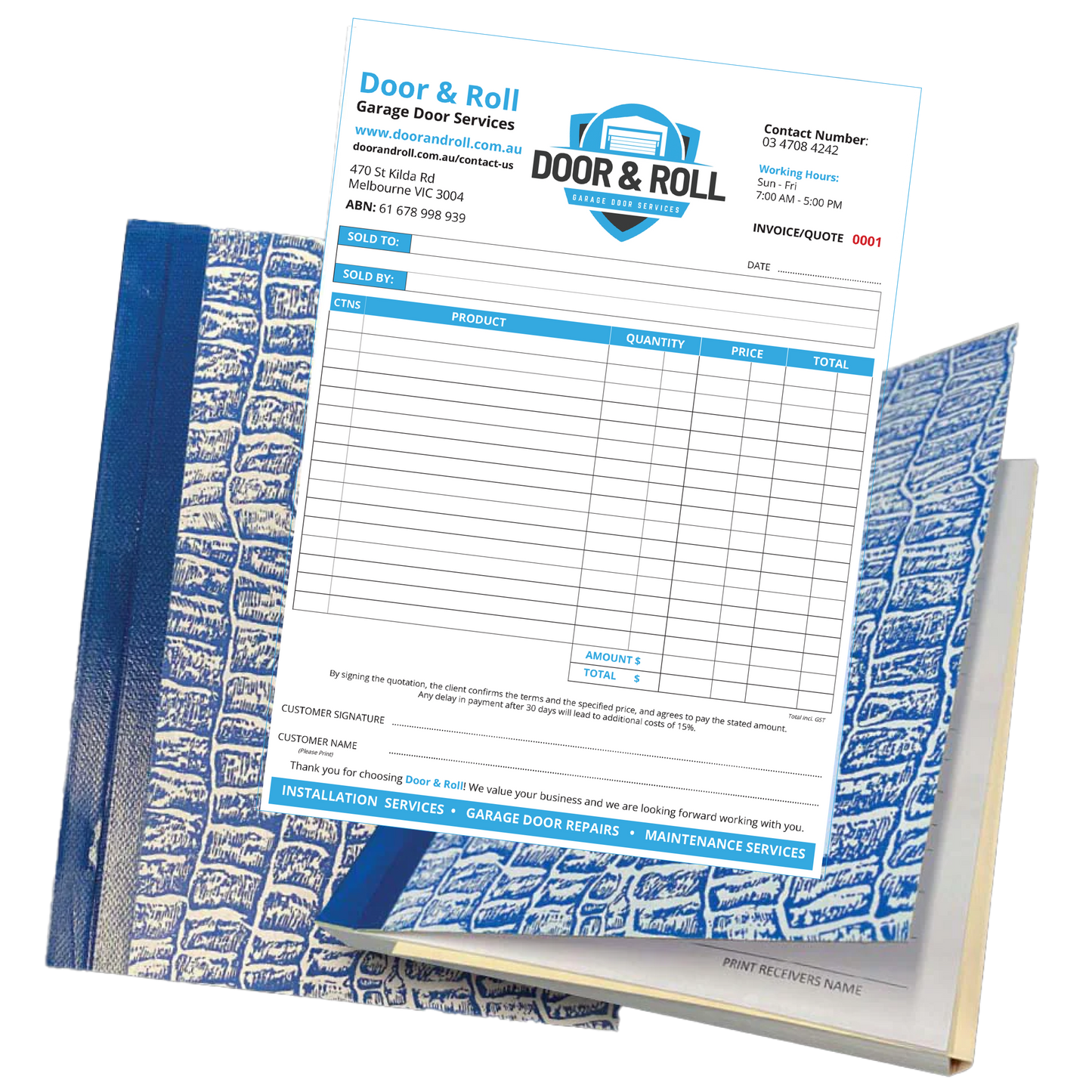 Invoice and quote carbonless form for Door & Roll Garage Door Services with blue and white design.