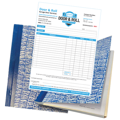 Invoice and quote carbonless form for Door & Roll Garage Door Services with blue and white design.