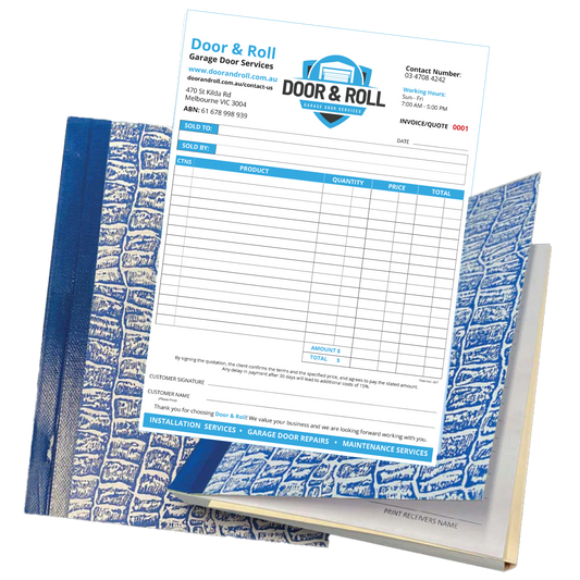 Invoice and quote carbonless form for Door & Roll Garage Door Services with blue and white design.