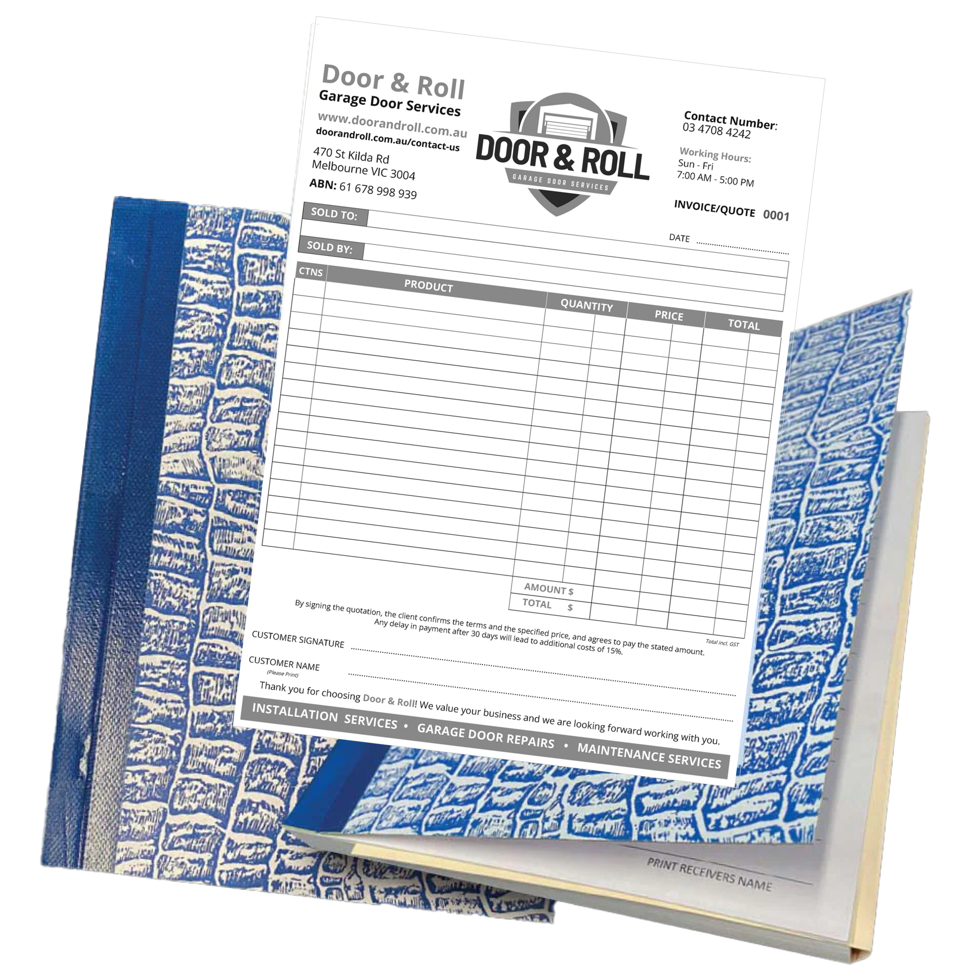 Invoice or quote form for Door & Roll Garage Door Services with blue and white design