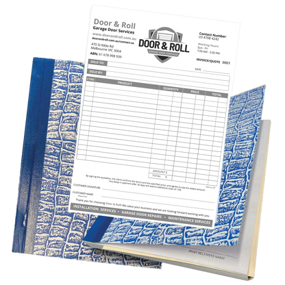 Invoice or quote form for Door & Roll Garage Door Services with blue and white design