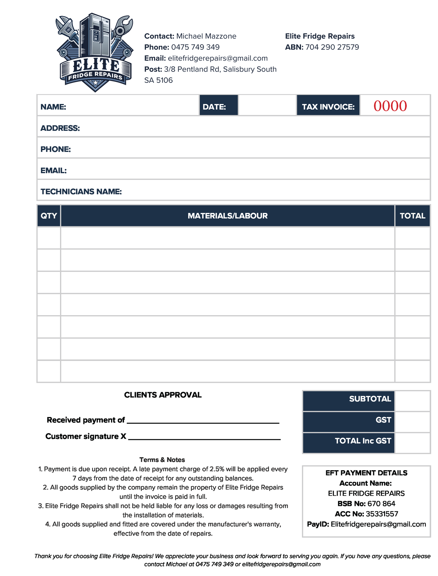 Invoice template for Elite Fridge Repairs with contact information and form fields.