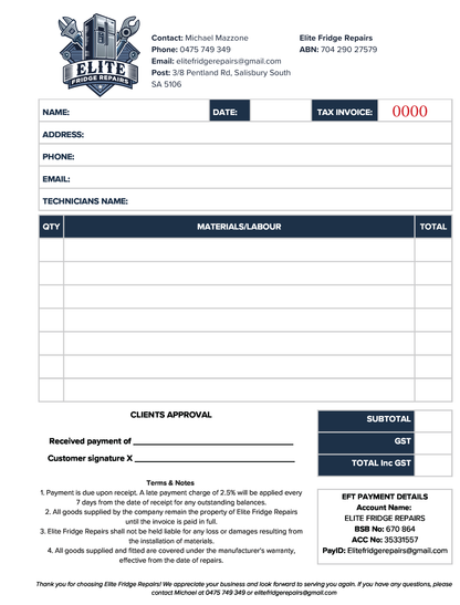 Invoice template for Elite Fridge Repairs with contact information and form fields.