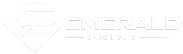 Logo of Emerald Print with a stylized letter 'E' on a white background