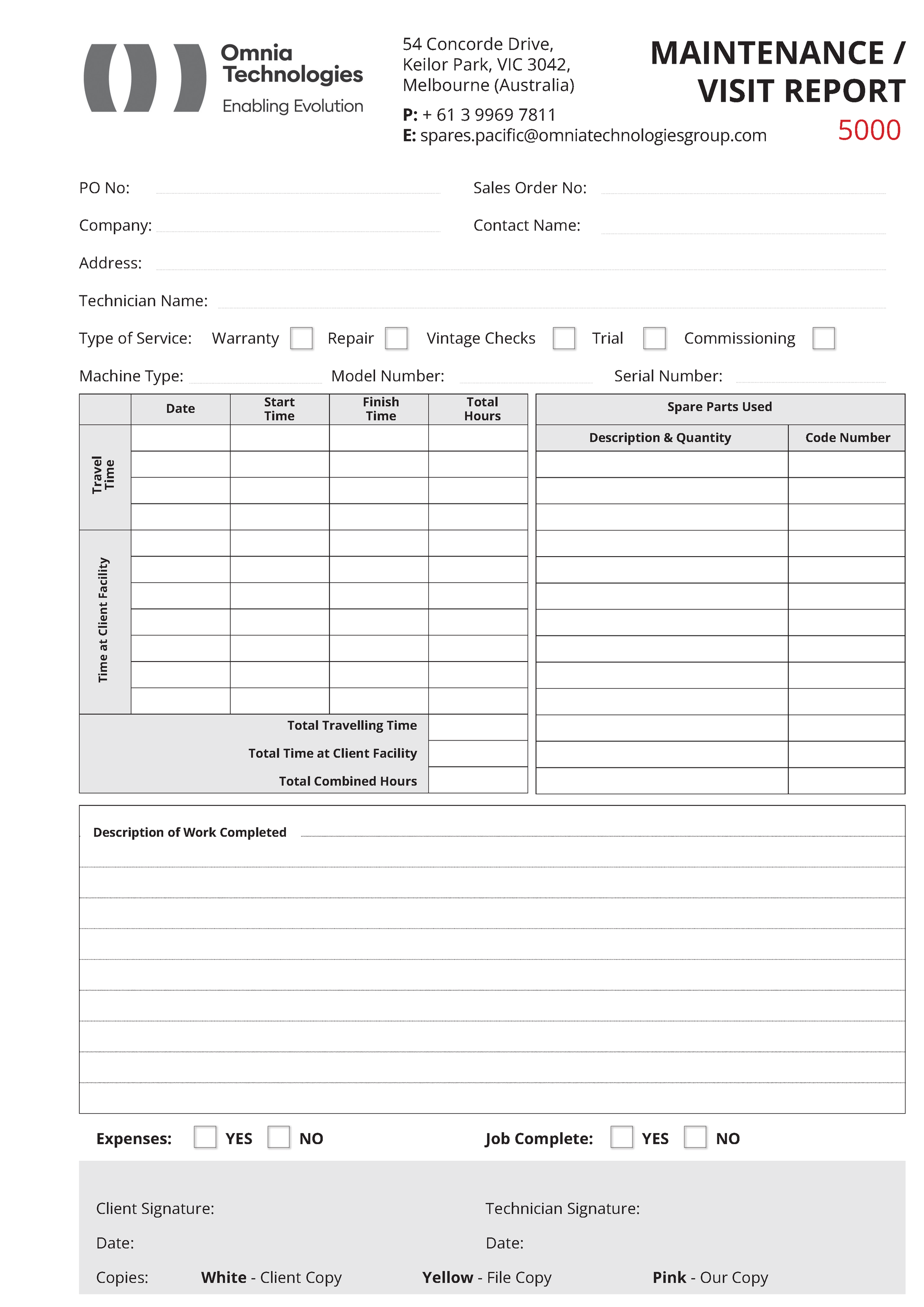 Maintenance/Visit Report NCR form with fields for technical details and signatures
