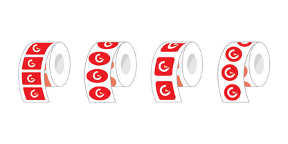 Rolls of stickers with red and white design on a white background