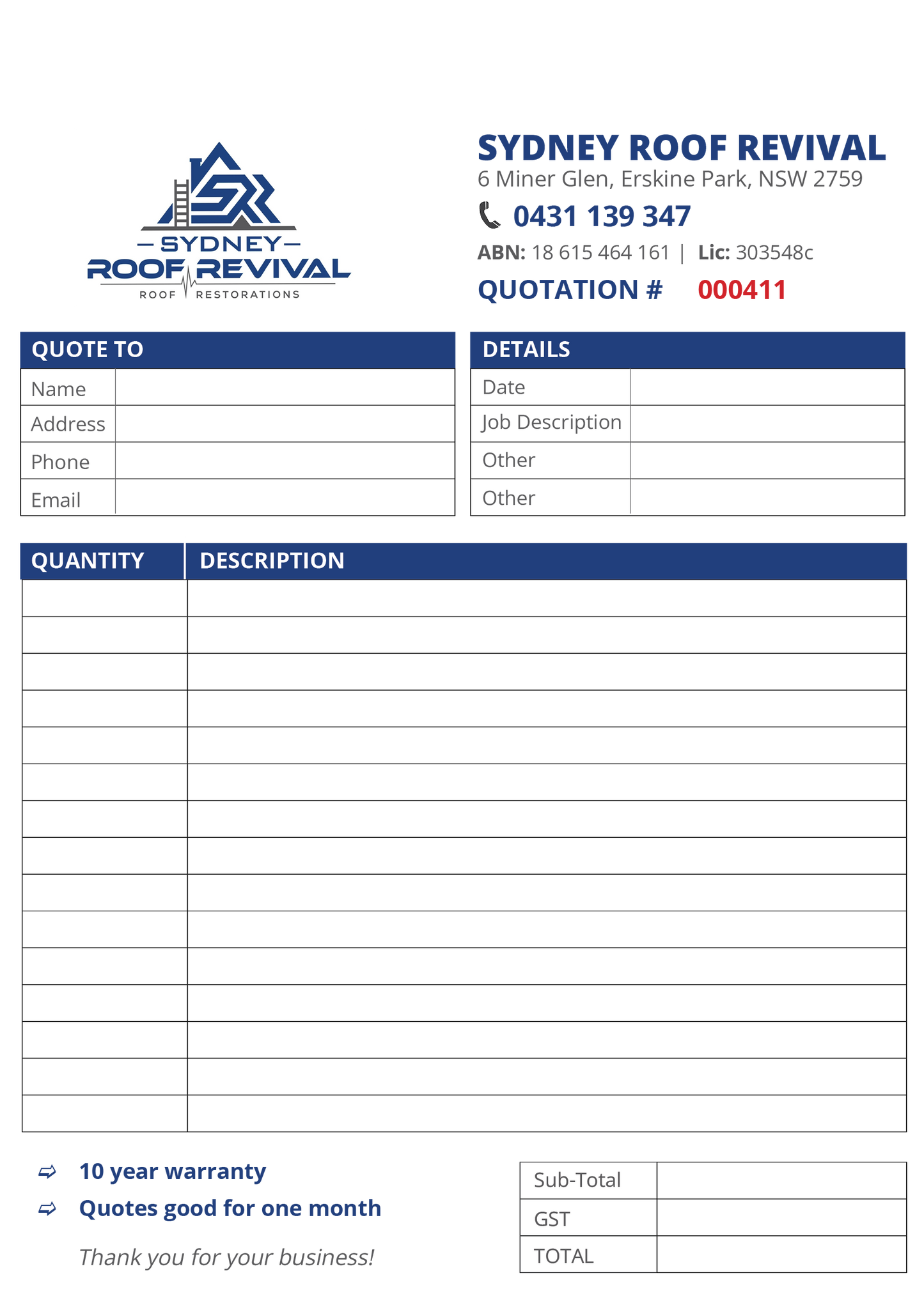 Sydney Roof Revival carbonless NCR quotation form with contact information and form fields.