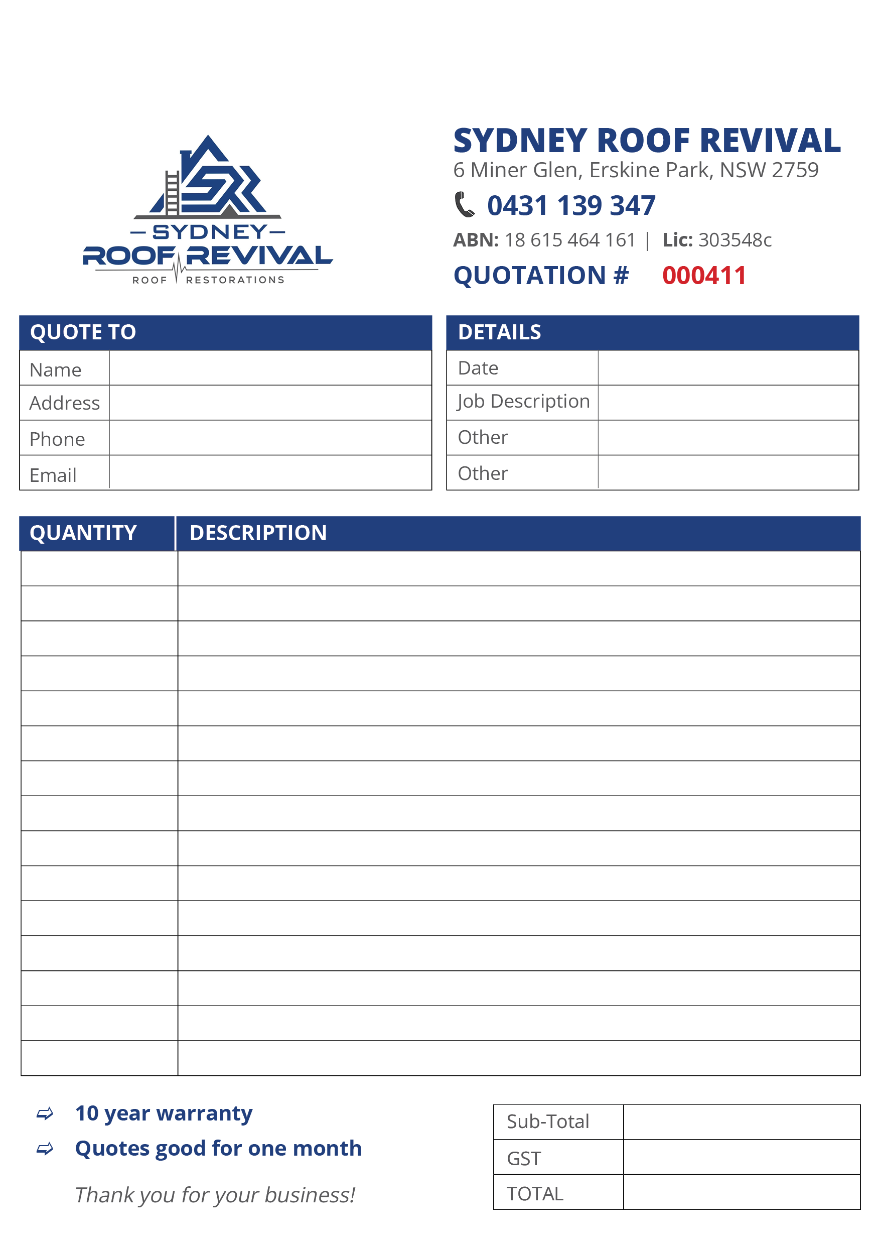 Sydney Roof Revival carbonless NCR quotation form with contact information and form fields.