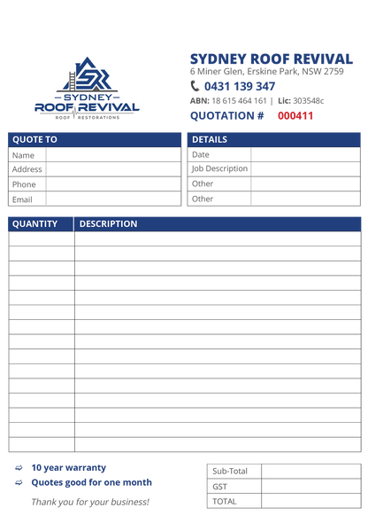 Sydney Roof Revival carbonless NCR quotation form with contact information and form fields.