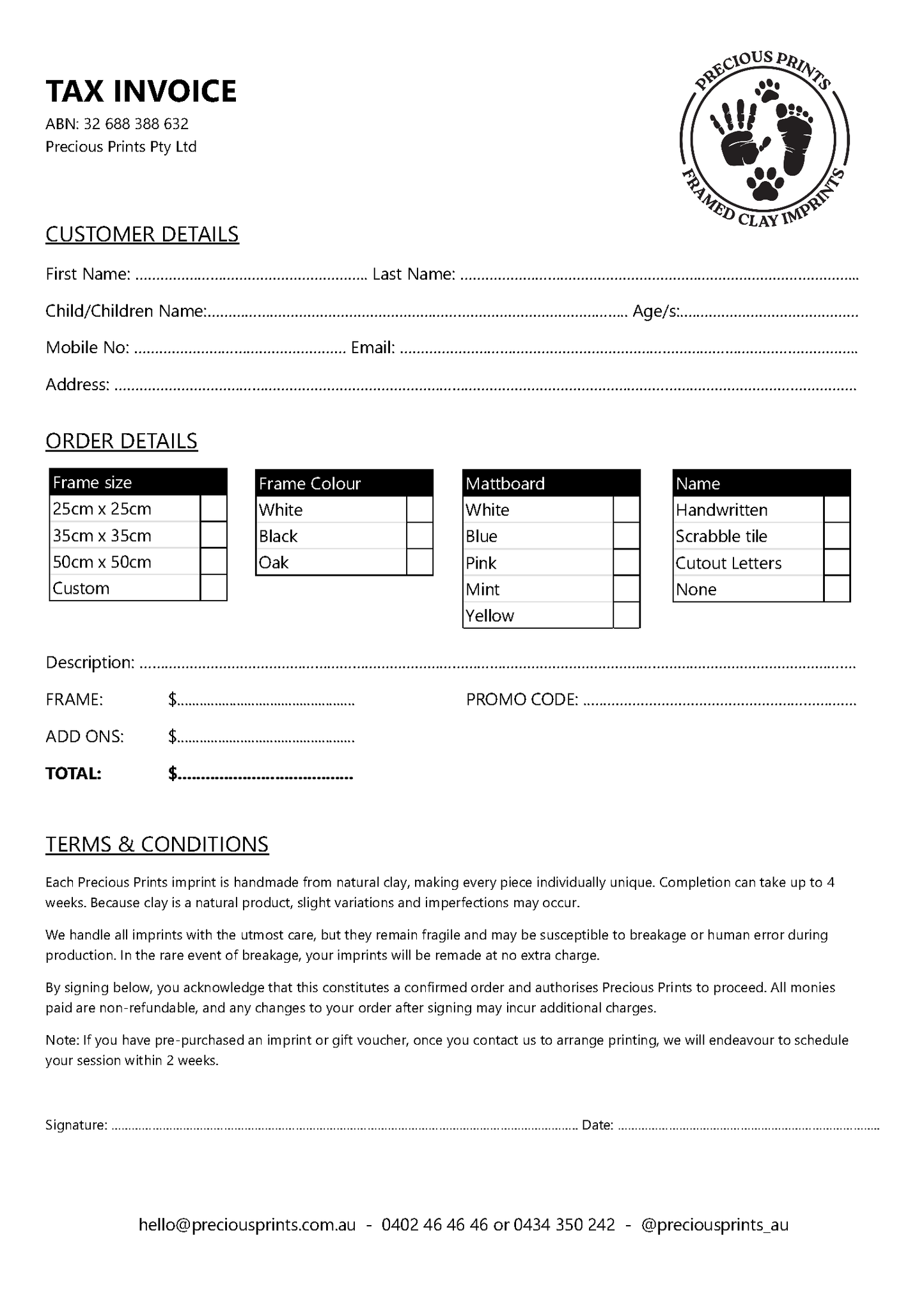 Tax invoice NCR form for Precious Prints with customer details and order information.