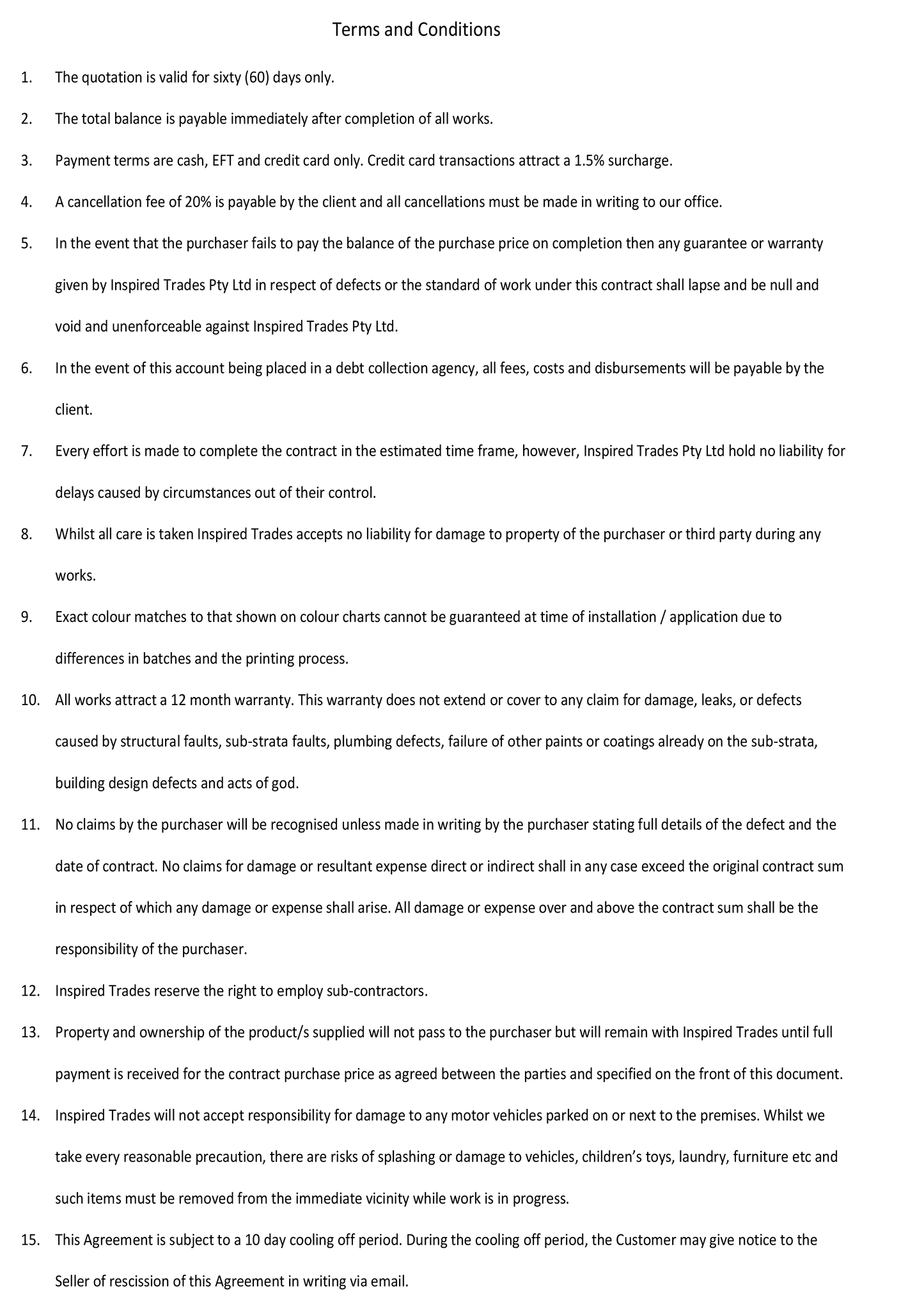 Text document of terms and conditions with a white background