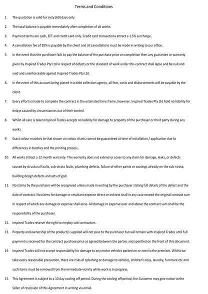 Text document of terms and conditions with a white background