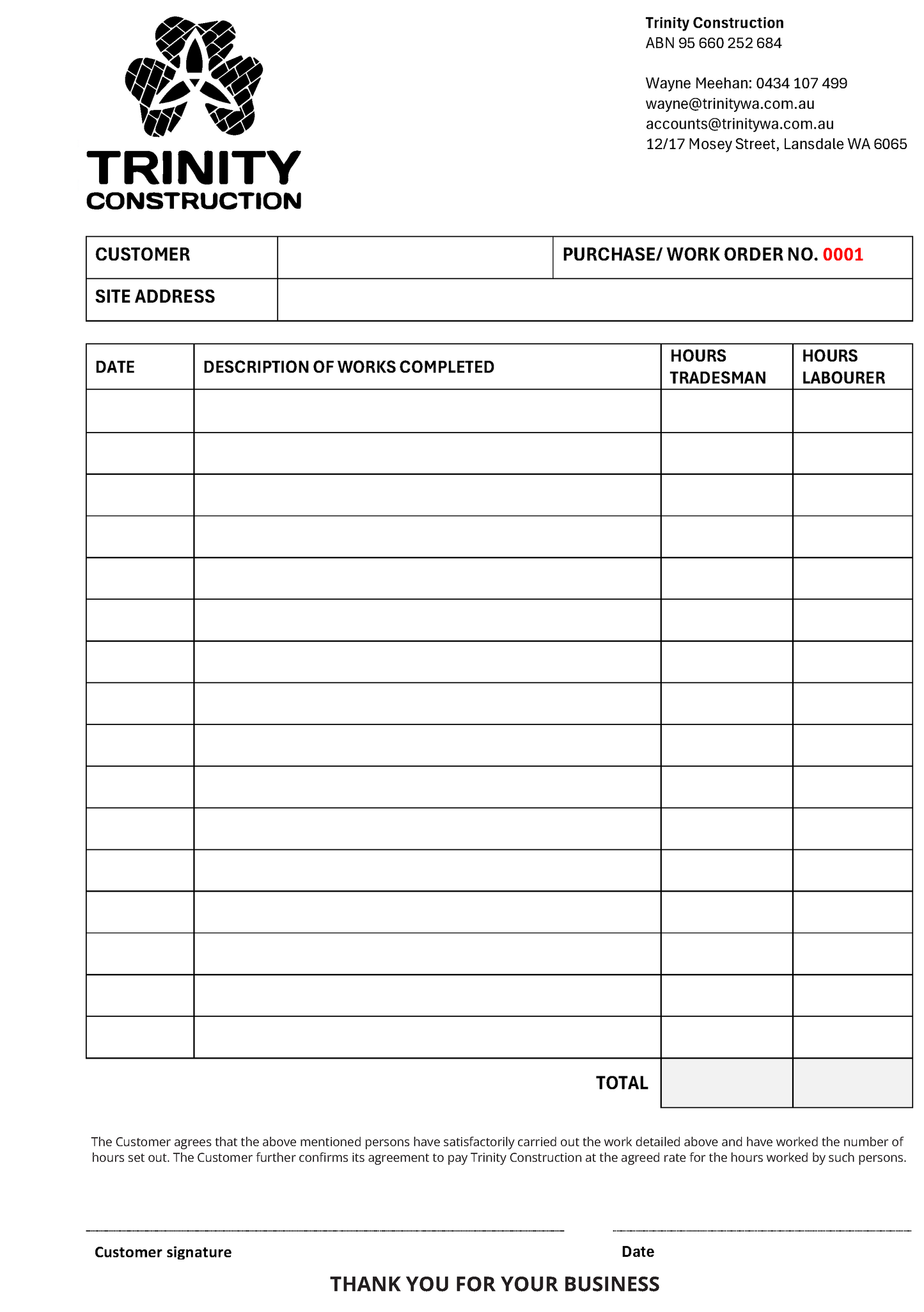 Trinity Construction carbonless NCR purchase/work order form with columns for details.