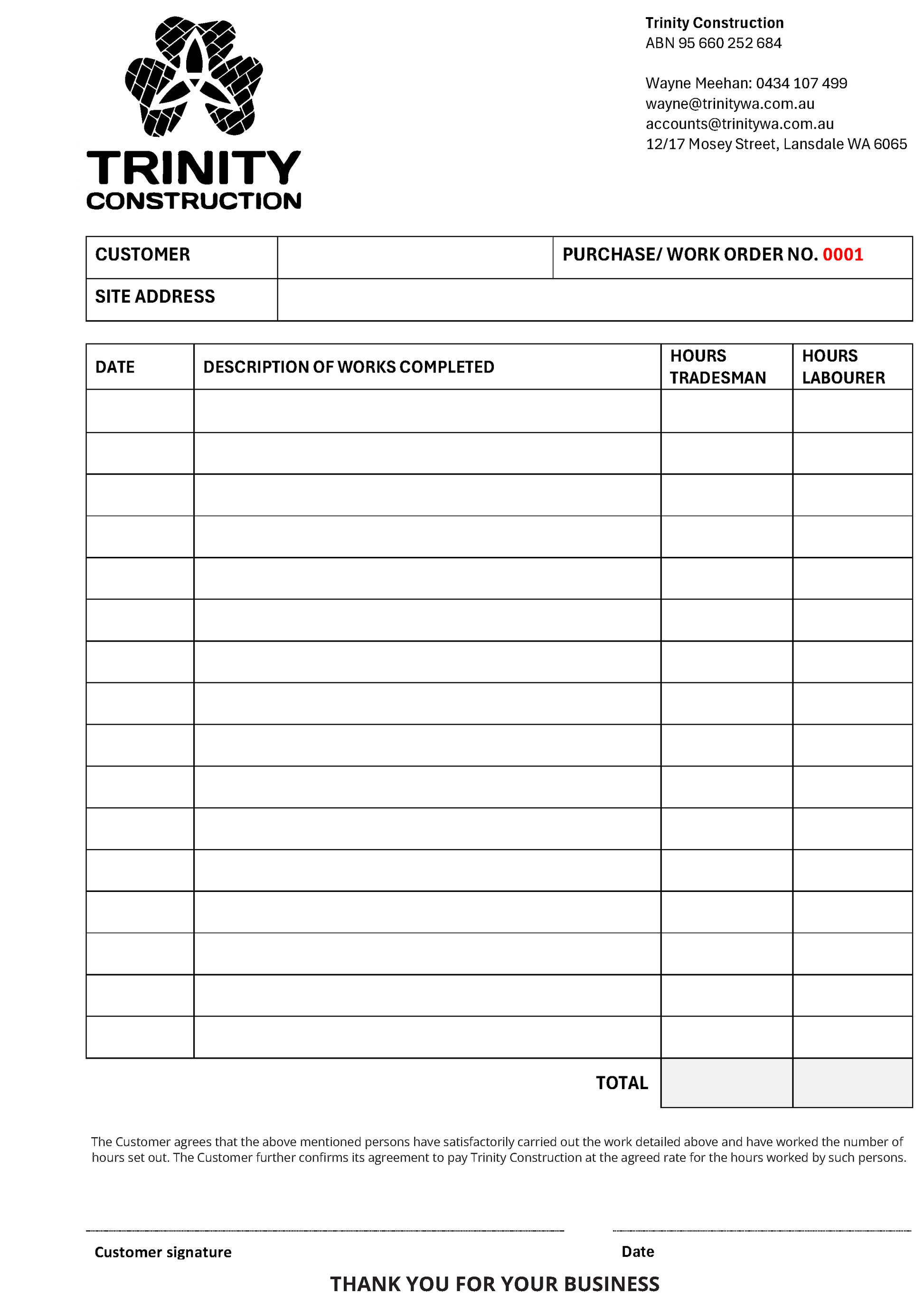 Trinity Construction carbonless NCR purchase/work order form with columns for details.