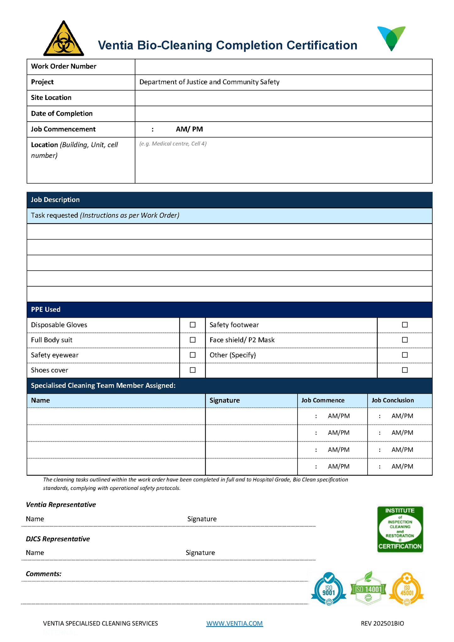 Ventia Bio-Cleaning Completion Certification carbonless form with various fields and checkboxes.