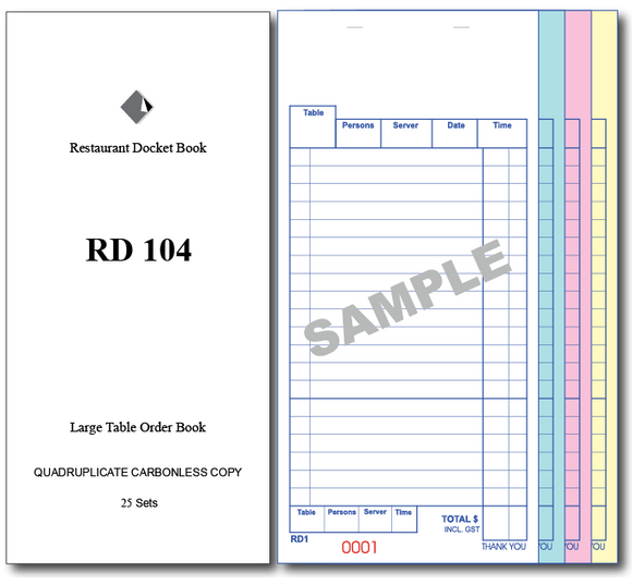 RD104 Large Table Order Books Quadruplicate Pages x 25 Sets, 100 Books Per Box