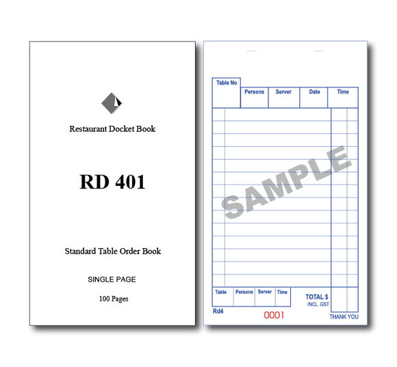 RD401 Standard Table Order Books Single Page x 100 Pages, 100 Books Per Box