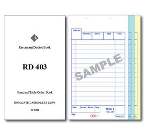 RD403 Standard Table Order Books Triplicate Pages x 50 Sets, 100 Books Per Box