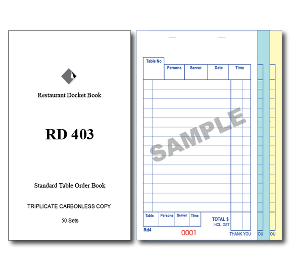 RD403 Standard Table Order Books Triplicate Pages x 50 Sets, 100 Books Per Box