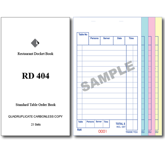 RD404 Standard Table Order Books Quadruplicate Pages x 25 Sets, 100 Books Per Box