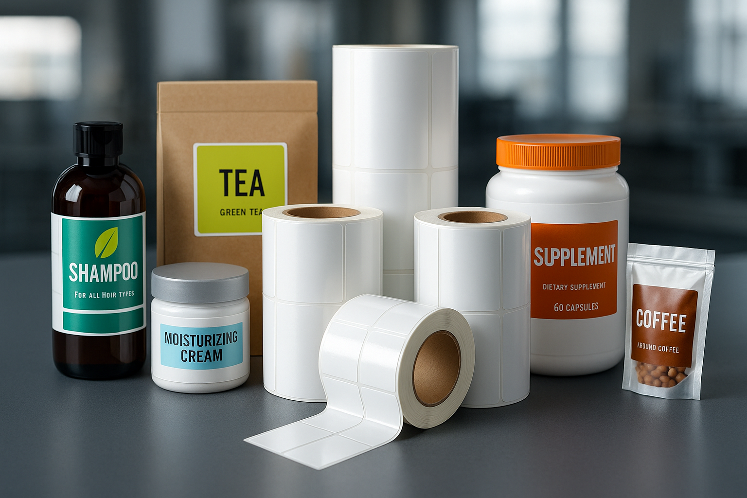 Synthetic labels on rolls with product
